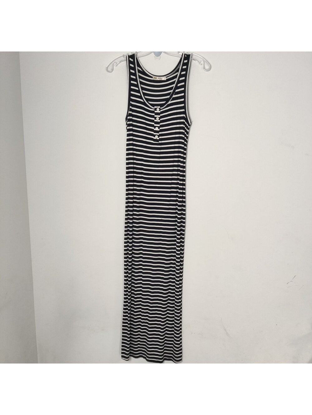 Heart & Hips Black White Striped Ribbed Button Henley Sleeveless Maxi Dress Med